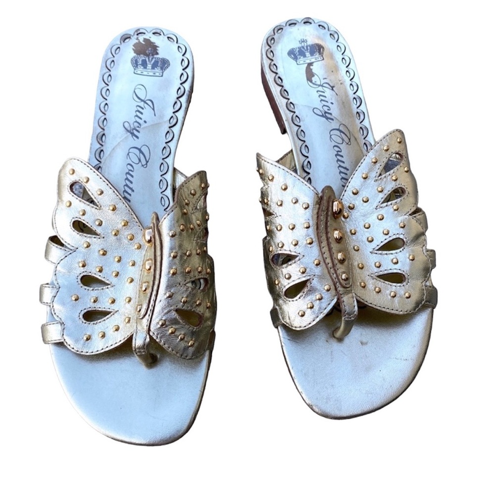 JUICY COUTURE sandals gold STUDS BUTTERFLY FLATS slides slip on metallic carine